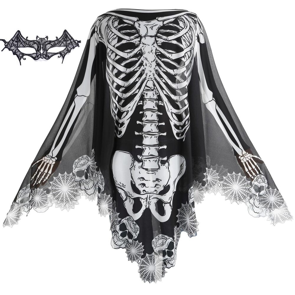 9425 Halloween Skeleton Costume Lace Poncho Day of The Dead Costume Plus